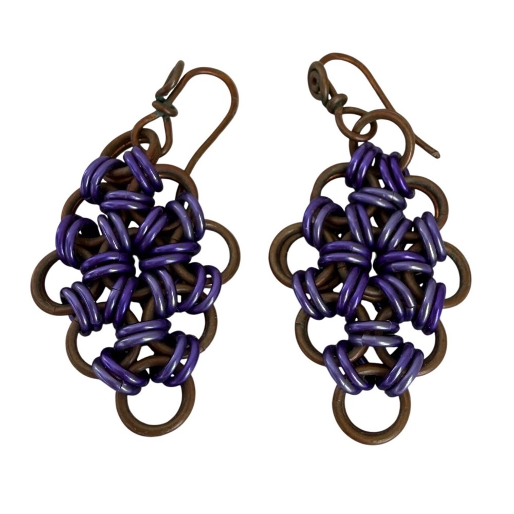 Handmade Chainmaille Dangle Earrings Women Purple Copper Geometric Woven